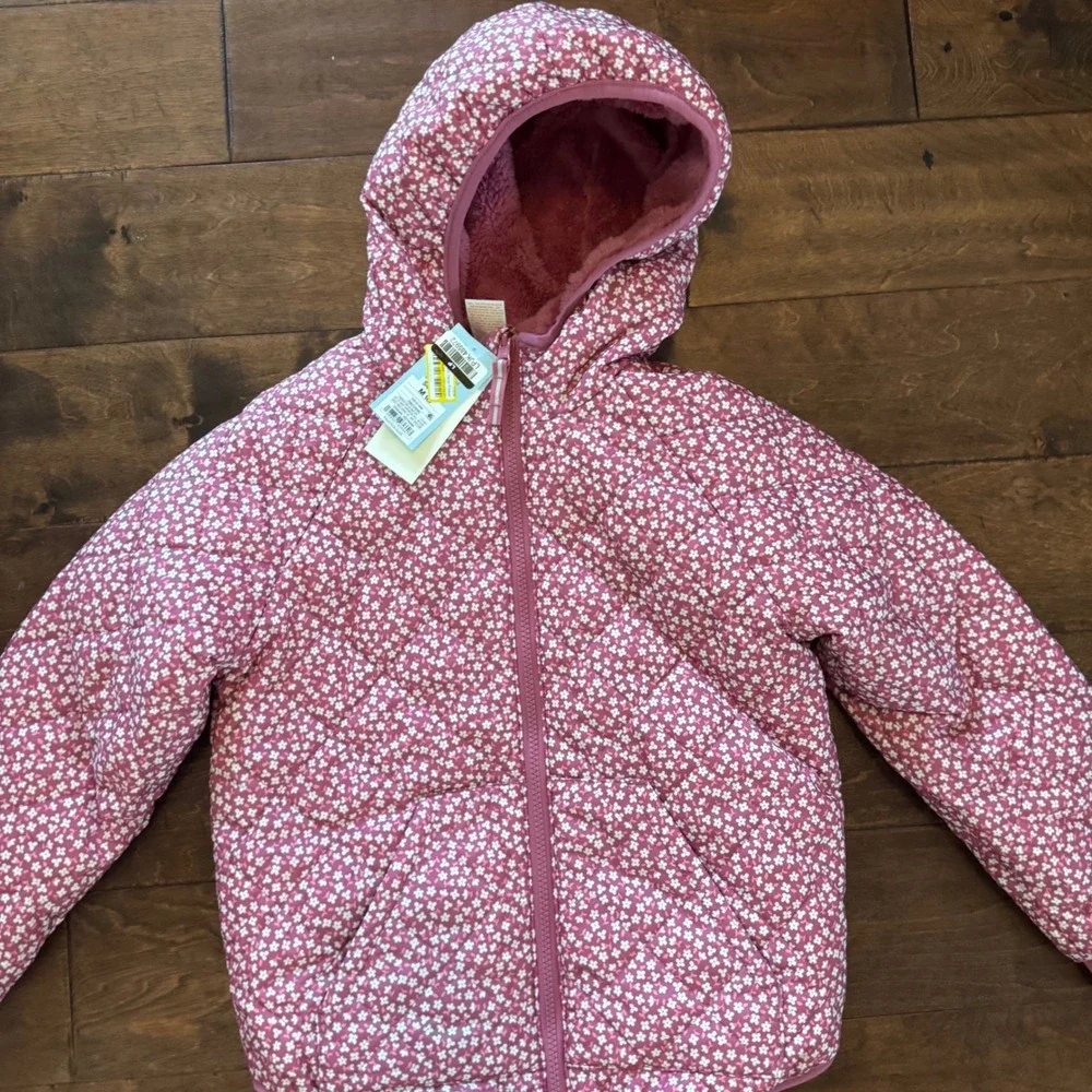 Cat & Jack Girls Reversible Floral Puffer Jacket Pink Faux Fur Hooded Coat M 8